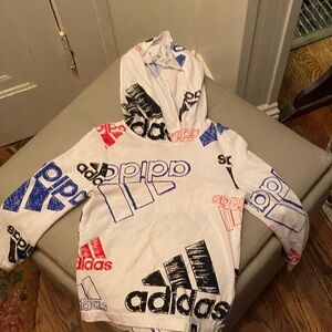 adidas Kids Long Sleeve Tee with hood White with Black, Red, Blue